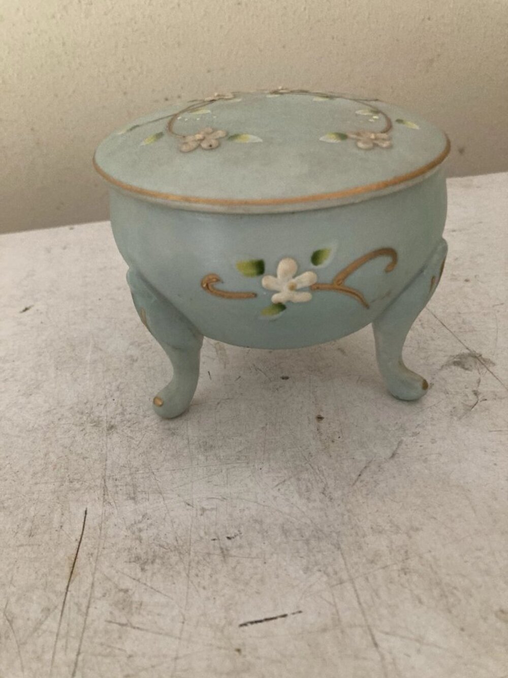 Vtg Japanese Moriage Footed Porcelain Trinket Box Dresser Jar Hand Painted